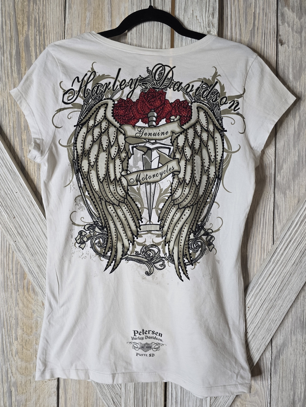 Harley-Davidson White Tee with Red Rose & Wing Graphic Size L